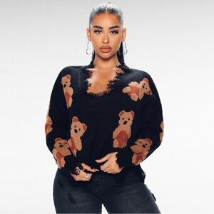 Just Polly | Black Brown Teddy Beer Print Frayed V-Neck Relaxed Pullover Sweater